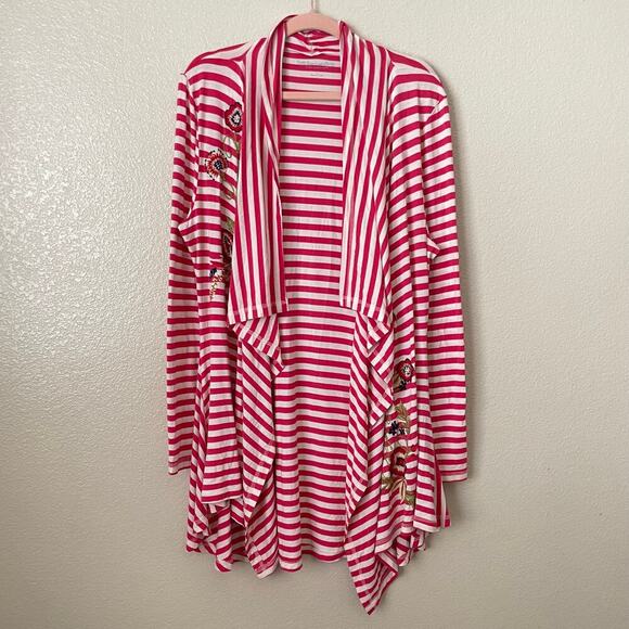 Soft Surroundings Cardigan‎ Womens Large Pink White Striped Floral Embroidered - Picture 3 of 11